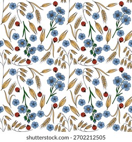 Padrão de vetor sem costura com delicadas flores de linho azul, orelhas de trigo dourado e joaninhas encantadoras em um fundo branco limpo, evocando uma sensação de colheita serena de verão.