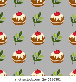 Seamless vector pattern featuring delicious sufganiyot with red jam topping and olive branches, perfect for Hanukkah celebrations or festive winter designs.