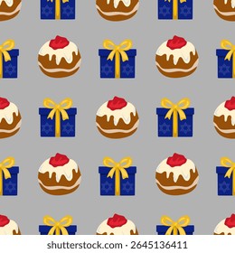 Seamless vector pattern featuring delicious sufganiyot and festive Hanukkah gift boxes, a delightful blend of traditional treats and celebratory presents, perfect for holiday designs.
