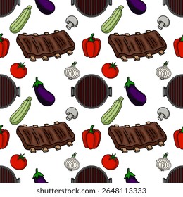 Seamless vector pattern featuring delicious grilled ribs, vibrant vegetables, and grill elements, creating a lively and appetizing design perfect for food-related projects.