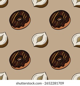 Padrão de vetor sem costura com deliciosas rosquinhas envidraçadas de chocolate com listras de caramelo e avelãs cortadas pela metade em um fundo de taupe silenciado, criando um design de outono doce e noz.