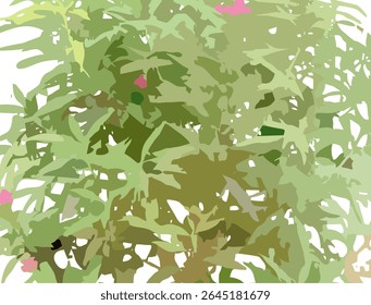 Um padrão de vetor sem costura caracterizando um arranjo denso e orgânico de folhas estilizadas e ramos em vários tons de verde, com tons sutis de rosa ou avermelhados espalhados