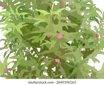 Um padrão de vetor sem costura caracterizando um arranjo denso e orgânico de folhas estilizadas e ramos em vários tons de verde, com tons sutis de rosa vibrante ou avermelhado espalhados