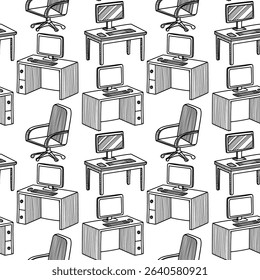 Seamless vector pattern featuring desks and office chairs suitable for various design projects