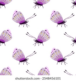 Un patrón de Vector sin costuras con mariposas moradas detalladas. Perfecto para la tela, el Fondo de pantalla, y la naturaleza temática de papelería. Ideal para diseños elegantes y caprichosos.