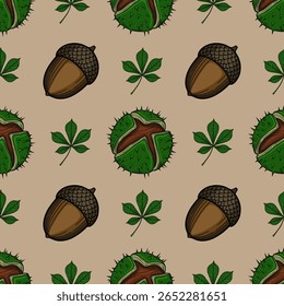 Padrão de vetor sem emenda com bolotas detalhadas, cascas de castanheiro e folhas de castanheiro de cavalo, criando um design de outono rico ideal para impressões têxteis ou fundos com temática de queda.