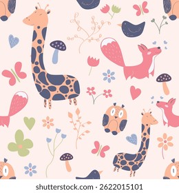 Seamless vector pattern featuring a diverse collection of animals including wild, farm, exotic species. Modern style perfect for children’s products, wallpapers, textiles, packaging, educational