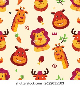 Seamless vector pattern featuring a diverse collection of animals including wild, farm, exotic species. Modern style perfect for children’s products, wallpapers, textiles, packaging, educational