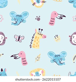 Seamless vector pattern featuring a diverse collection of animals including wild, farm, exotic species. Modern style perfect for children’s products, wallpapers, textiles, packaging, educational