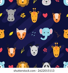 Seamless vector pattern featuring a diverse collection of animals including wild, farm, exotic species. Modern style perfect for children’s products, wallpapers, textiles, packaging, educational