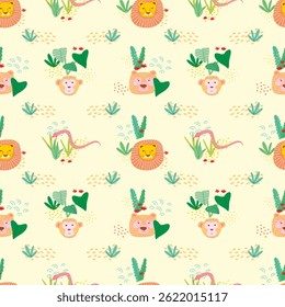 Seamless vector pattern featuring a diverse collection of animals including wild, farm, exotic species. Modern style perfect for children’s products, wallpapers, textiles, packaging, educational