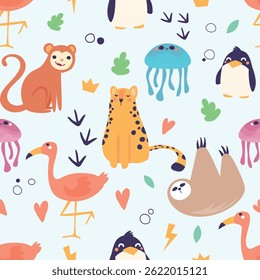 Seamless vector pattern featuring a diverse collection of animals including wild, farm, exotic species. Modern style perfect for children’s products, wallpapers, textiles, packaging, educational