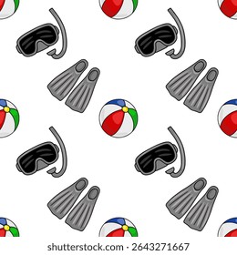 Seamless vector pattern featuring diving mask, snorkel, flippers, and beach ball, creating a vibrant summer underwater theme.