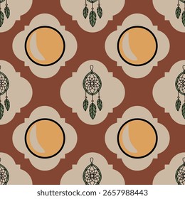 Seamless vector pattern featuring dreamcatchers and stylized moons in a terracotta and beige palette, exhibiting a boho-chic aesthetic.