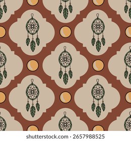 Seamless vector pattern featuring dreamcatchers and moons in earthy tones, perfect for textile design or bohemian-style backgrounds.