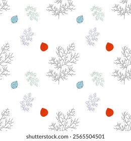 A seamless vector pattern featuring dynamic black, blue, and green branches adorned with vibrant red and turquoise leaves, set against a transparent background