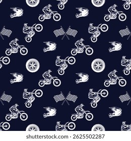 Seamless vector pattern featuring dynamic motocross riders, dirt bikes, and racing elements. Perfect for extreme sports-themed prints, apparel, backgrounds, and digital designs.