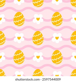 Seamless vector pattern featuring Easter eggs, blooming chamomile flowers, and wavy lines, in a soft pastel color palette, perfect for children's clothing, nursery decor, Easter celebration designs