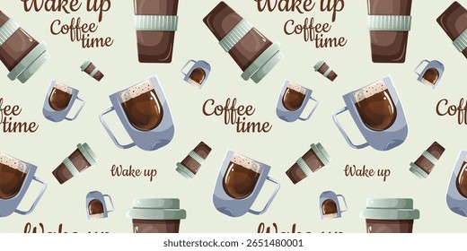 A seamless vector pattern featuring eco-friendly coffee cups and glass mugs filled with brewed coffee, with handwritten text elements scattered among them.