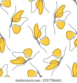 Seamless vector pattern featuring elegant butterflies created with continuous lines and bold yellow accents. Minimalist and modern design, perfect for fabrics, wallpapers, and digital projects.