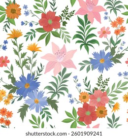 A seamless vector pattern featuring an elegant arrangement of lilies and field cornflower flowers and leaves, creating a harmonious and natural botanical design