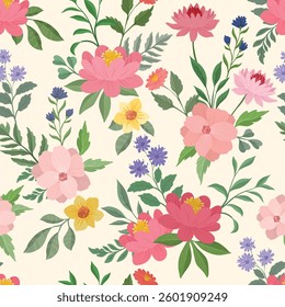 A seamless vector pattern featuring an elegant arrangement of colorful peonies and wild flowers, leaves, natural botanical design