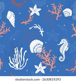 Seamless vector pattern featuring elegant marine elements on a blue background. White and coral-colored sea creatures and objects, seahorses, shells, and corals. Perfect for textiles, wallpapers, pack