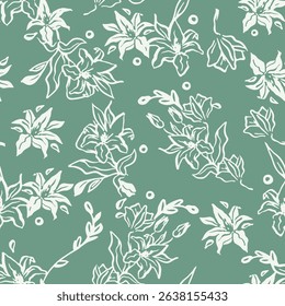 A seamless vector pattern featuring elegant white floral sketches over a muted sage green background. Delicate, hand-drawn botanical elements make this design perfect for fabric prints, wallpapers