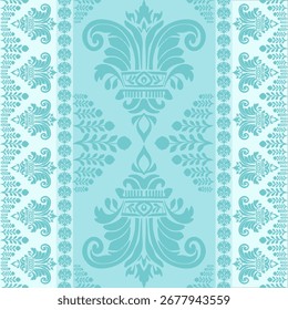 A seamless vector pattern featuring an elegant and symmetrical damask design. This ornate pattern combines detailed floral and geometric elements in a beautiful light blue color palette.