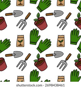 Seamless vector pattern featuring essential gardening tools and supplies, including potted seedlings, gloves, trowels, forks, and seed packets, presented in a charming, hand-drawn style with a clea...