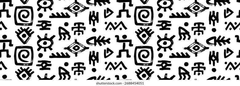 Seamless vector pattern featuring ethnic eye, people, swirl, and tropical fish bone motifs. Traditional patchwork drawing with black crayon, ink, brush, wax, charcoal textures for wallpaper design