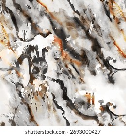 Seamless vector pattern featuring an expressive abstract watercolor and ink design. This dynamic allover print showcases a modern grunge aesthetic with flowing brushstrokes, splatters, and organic tex