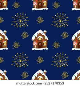 Seamless vector pattern featuring a festive Christmas house and fireworks in a playful, cartoon style. Perfect for holiday decorations, gift wrap, and cheerful seasonal designs.