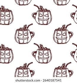 Seamless vector pattern featuring festive pumpkin mugs with playful expressions and straw accents for Halloween decorations.