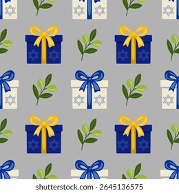 Seamless vector pattern featuring festive Hanukkah gift boxes with Star of David, adorned with blue and yellow ribbons, and olive branches on a gray background, ideal for holiday designs and textil...