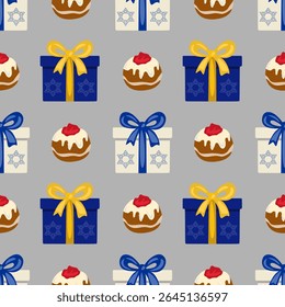 Padrão de vetor sem costura com presentes festivos de Chanucá com Estrela de David e donuts sufganiyot, ideal para papel de embrulho de férias ou fundos festivos.