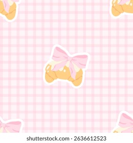 Seamless vector pattern featuring flirty croissants with bows on a pink gingham background. Perfect for girly stationery, textiles, nursery decor, and cute scrapbooking designs