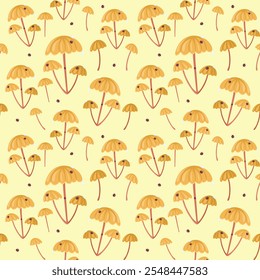 Um padrão de vetor sem costura com cogumelos florestais e joaninhas em um fundo amarelo. Perfeito para tecido, papel de parede e papelaria com tema de natureza. Ideal para projetos terrosos e extravagantes.