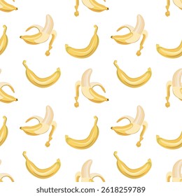 A seamless vector pattern featuring fresh bananas in bold yellow tones. Simple, repetitive design perfect for packaging, fabrics, wallpapers, or digital projects.