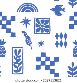 Seamless vector pattern featuring geometric shapes, florals, and birds, isolated on a white background. Ideal for textiles, wallpaper, or wrapping paper design.
