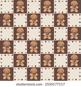 Seamless vector pattern featuring gingerbread men on a geometric chocolate-colored grid background. Perfect for festive wrapping, holiday decor, and cozy winter designs. Warm, sweet, and playful