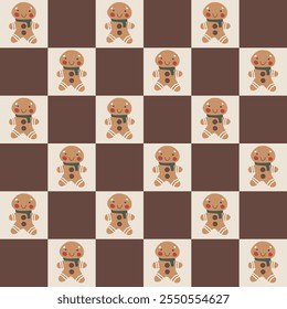 Seamless vector pattern featuring gingerbread men on a geometric chocolate-colored grid background. Perfect for festive wrapping, holiday decor, and cozy winter designs. Warm, sweet, and playful