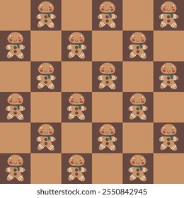 Seamless vector pattern featuring gingerbread men on a geometric chocolate-colored grid background. Perfect for festive wrapping, holiday decor, and cozy winter designs. Warm, sweet, and playful