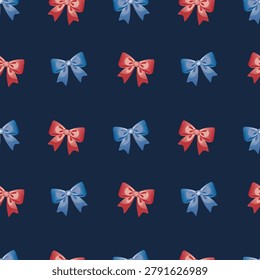 A seamless vector pattern featuring glossy red and blue bows arranged symmetrically on a dark navy background.