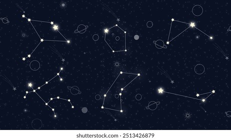 A seamless vector pattern featuring glowing constellations on a dark night sky with stars and planets. Perfect for astronomy, zodiac, or cosmic-themed designs.
