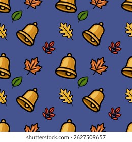 Seamless vector pattern featuring golden bells and autumn leaves on a deep blue background, ideal for fall-themed designs and back-to-school projects.
