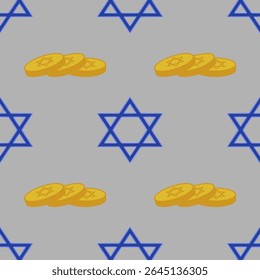 Padrão de vetor sem emenda com moedas douradas de gelt de Chanucá e símbolos azuis da Estrela de Davi em um fundo cinza, perfeito para desenhos festivos de feriados.