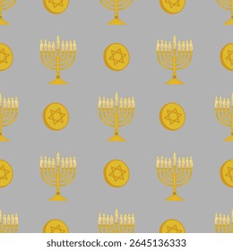 Seamless vector pattern featuring golden menorahs with lit candles and Star of David coins, creating a festive Hanukkah design perfect for holiday backgrounds and celebrations.