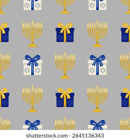 Seamless vector pattern featuring golden menorahs with lit candles and gift boxes adorned with Star of David, perfect for Hanukkah celebrations and festive designs.
