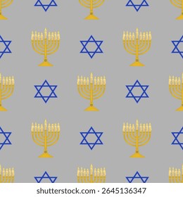 Seamless vector pattern featuring golden menorahs with lit candles and blue Star of David symbols on a gray background, ideal for Hanukkah celebrations and Jewish-themed designs.